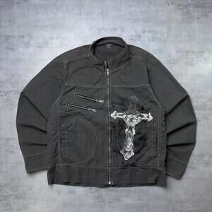 Y2K Grey Affliction Style Grunge Cross Angel Wings Zip Up Jacket